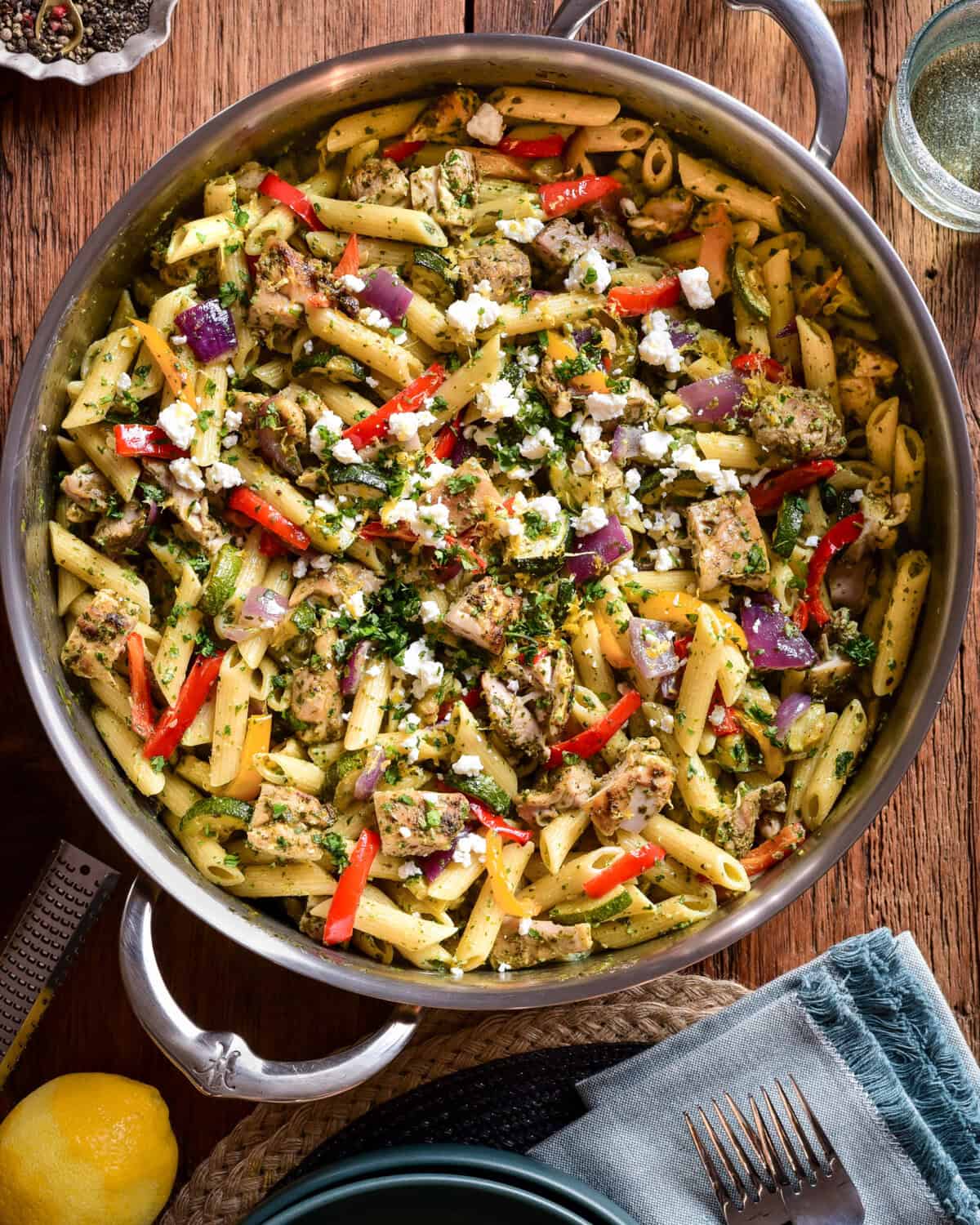 A chicken pasta salad with zhong sauce.