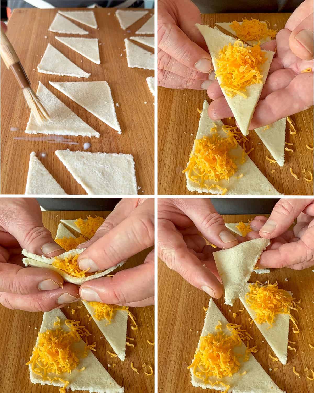 Brush edges lightly with milk. Place 1 teaspoon of grated cheddar in the center of each triangle. Fold into a smaller triangle and press edges firmly to seal.