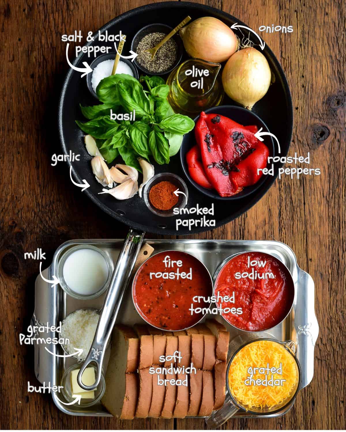 Ingredients for inside-out grilled cheese dumplings and a roasted red pepper tomato soup recipe.