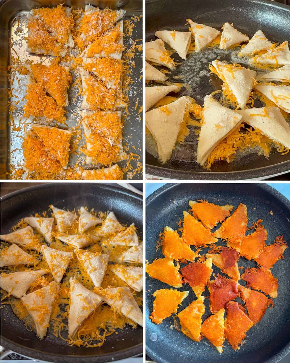 Fry the grilled cheese dumplings 1–2 minutes per side until golden and crisp.