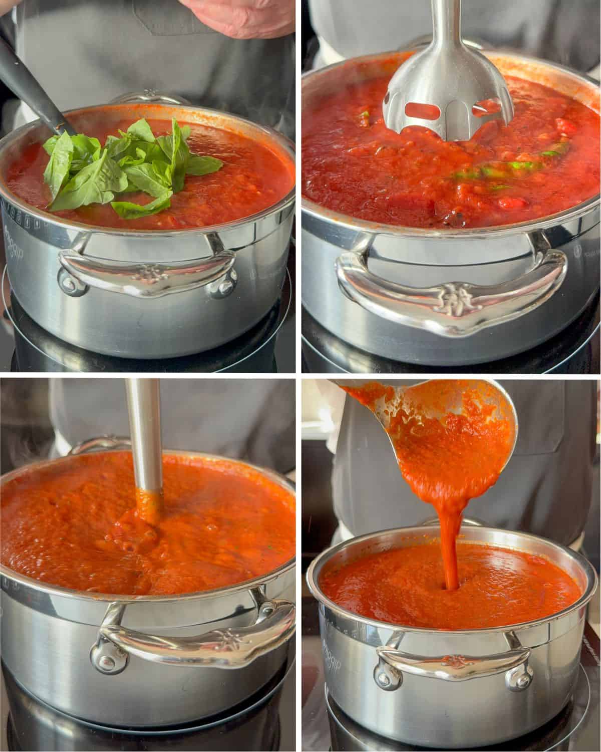 Add the basil into the roasted red pepper tomato soup pot and blend until smooth.