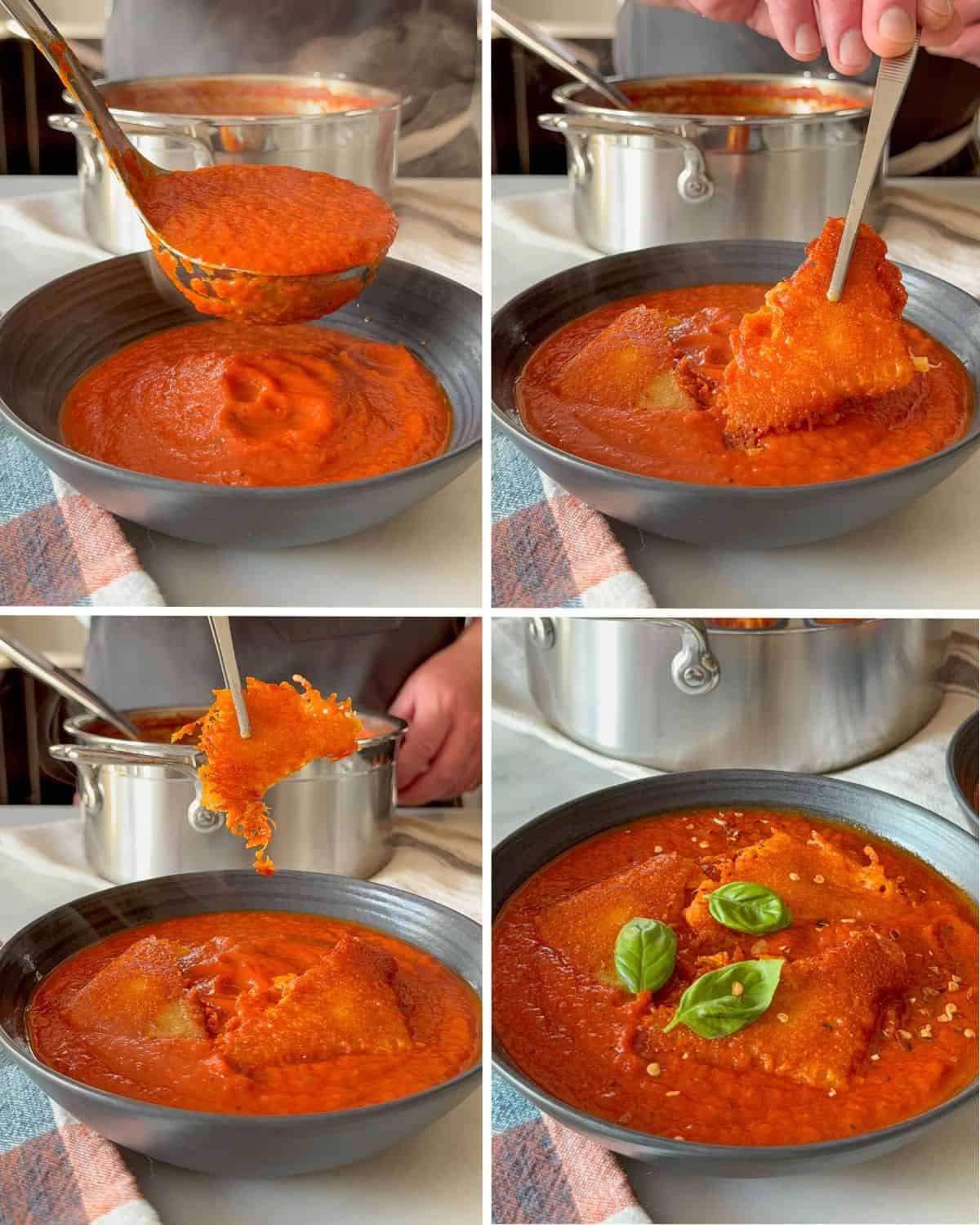 Serve the inside out grilled cheese dumplings with the tomato soup.