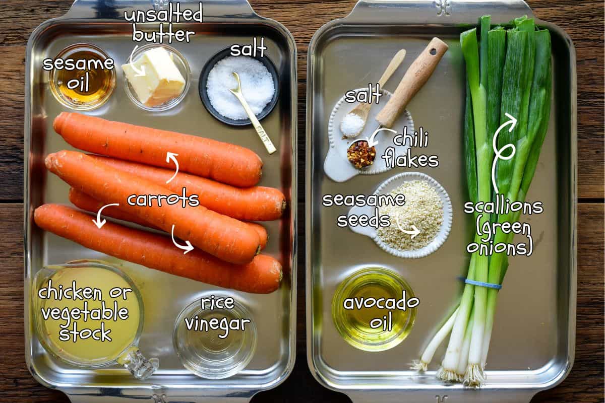 Ingredients for a carrot puree and a sesame scallion recipe.