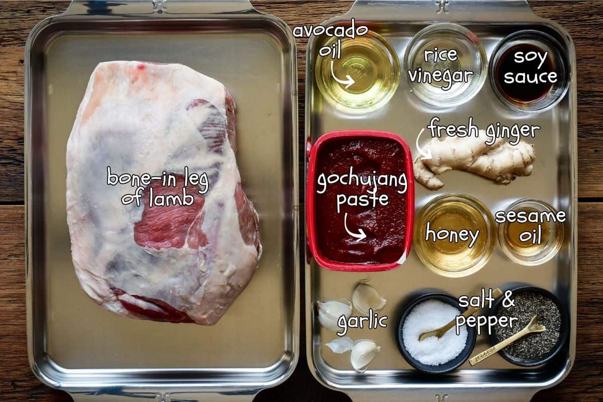 Ingredients for a Gochujang Honey Glazed Leg of Lamb recipe.