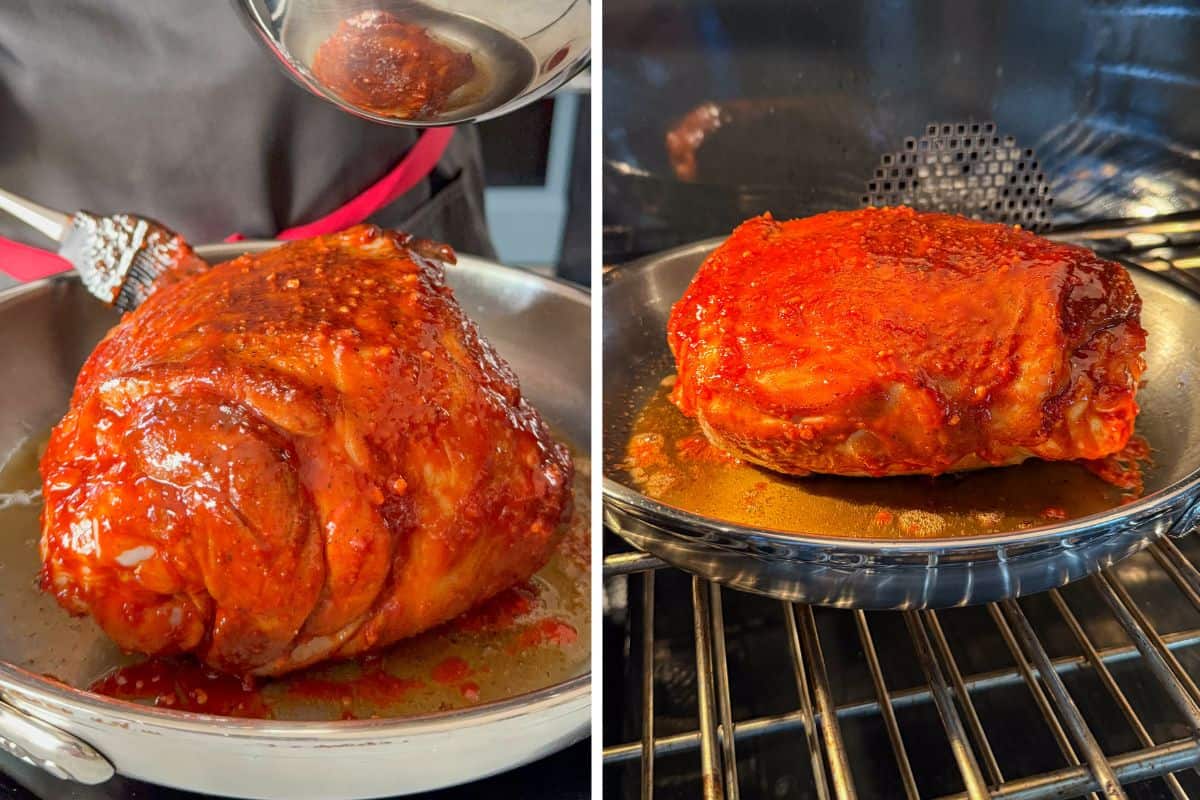 Glaze the lamb and place it in the oven.
