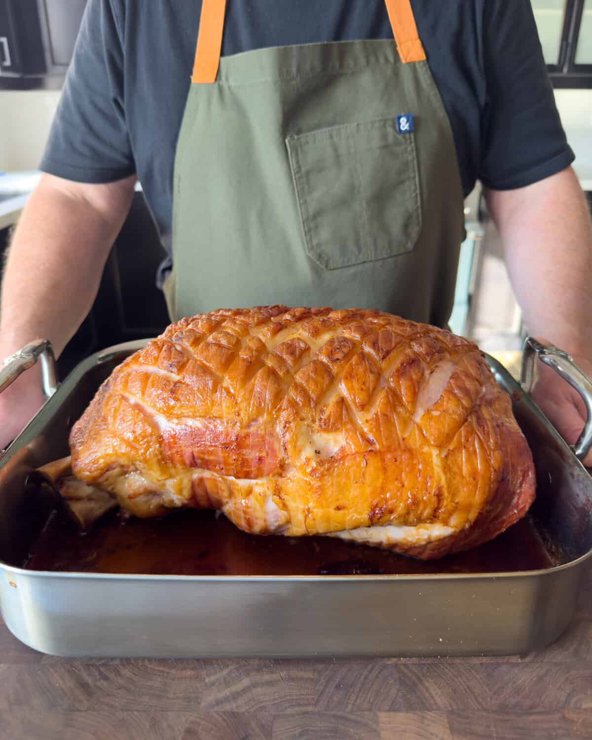 Ham out of the oven and ready to get glazed.