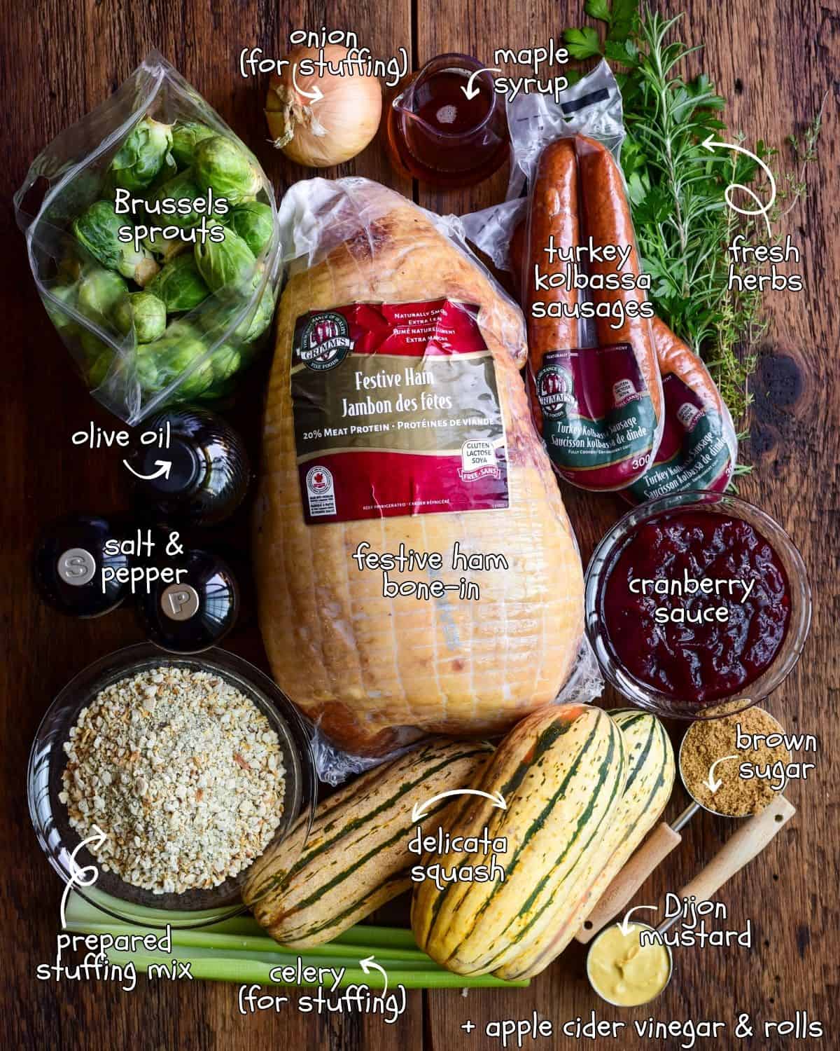 Ingredients for a holiday ham dinner menu.