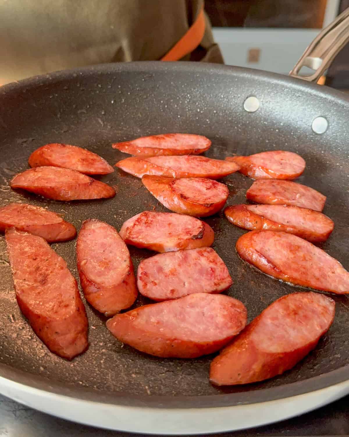 Pan-fried kolbassa slices.