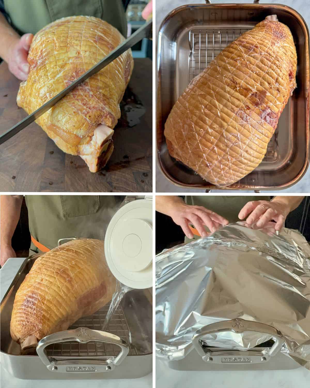 Steps on prepping a holiday ham: crosshatching, adding water to the pan and covering it with foil.