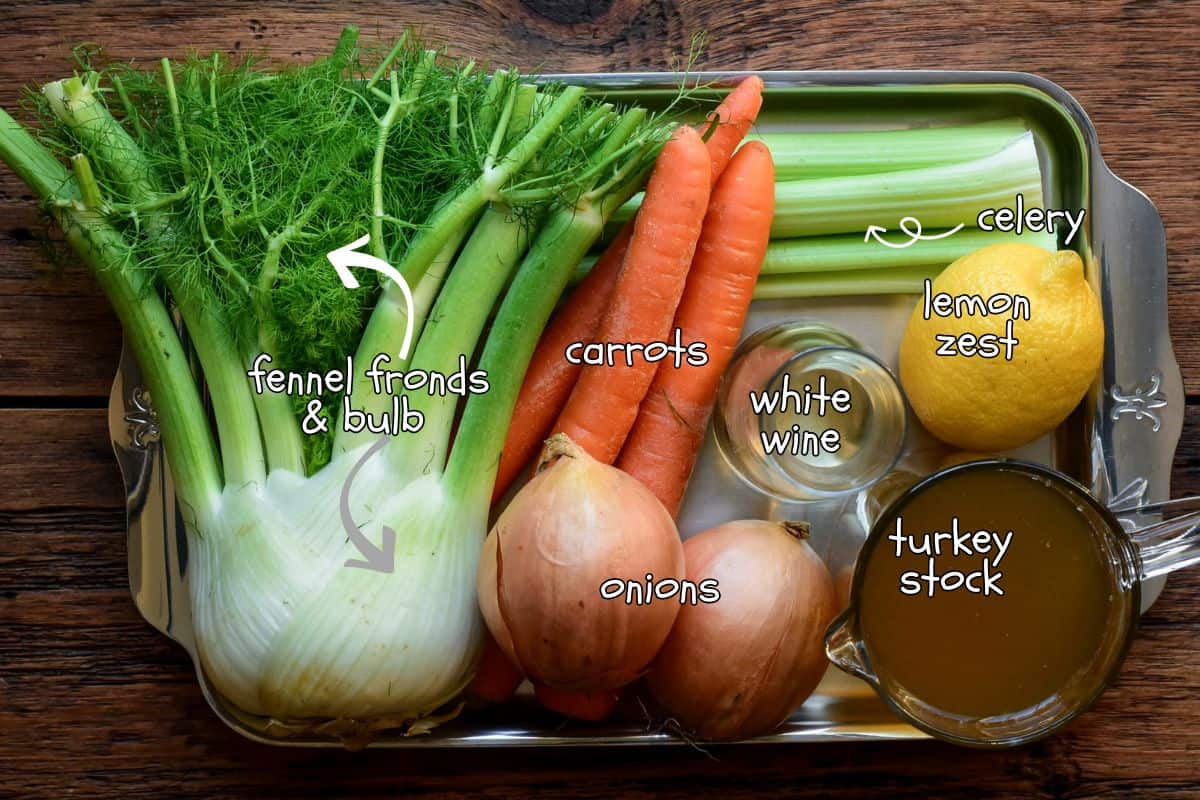 Pan Aromatics and Liquid Ingredients for a Tuscan Turkey with pan juices recipe.
