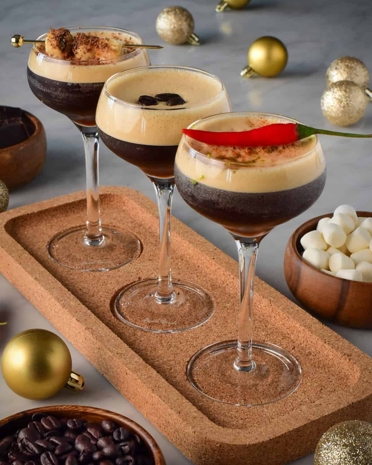 An espresso martini flight 3 ways - Classic, S’mores and Spicy