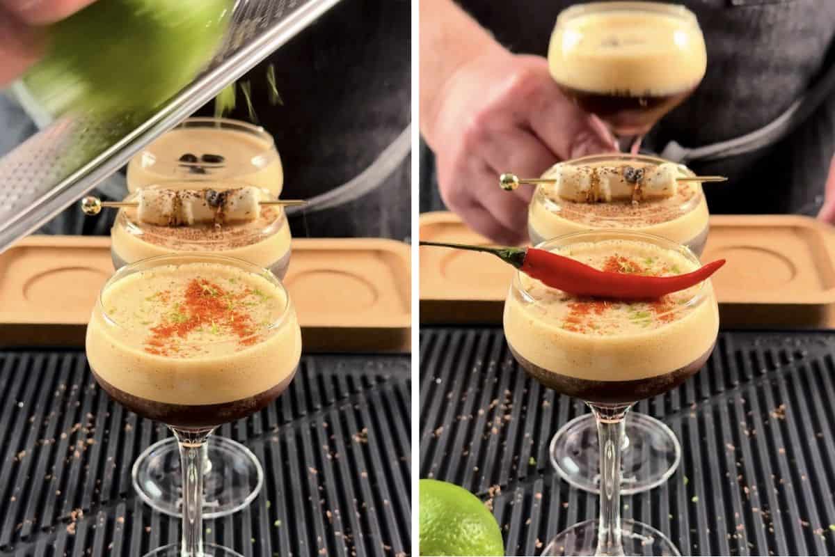 A tequila espresso martini recipe with garnishes.