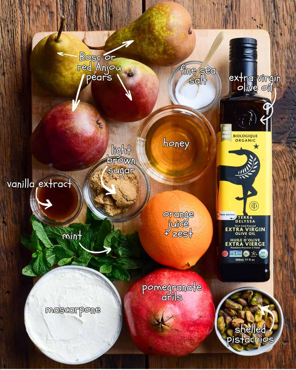 Ingredients for a Honey Roasted Pears with Mascarpone and Pistachios recipe.