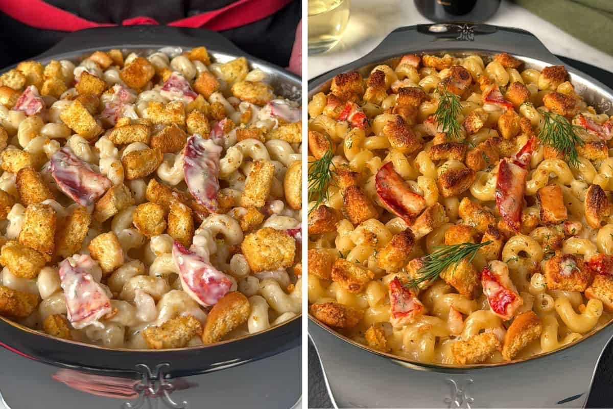A Lobster Roll Style Mac and Cheese with Brioche Crumb before and baked.