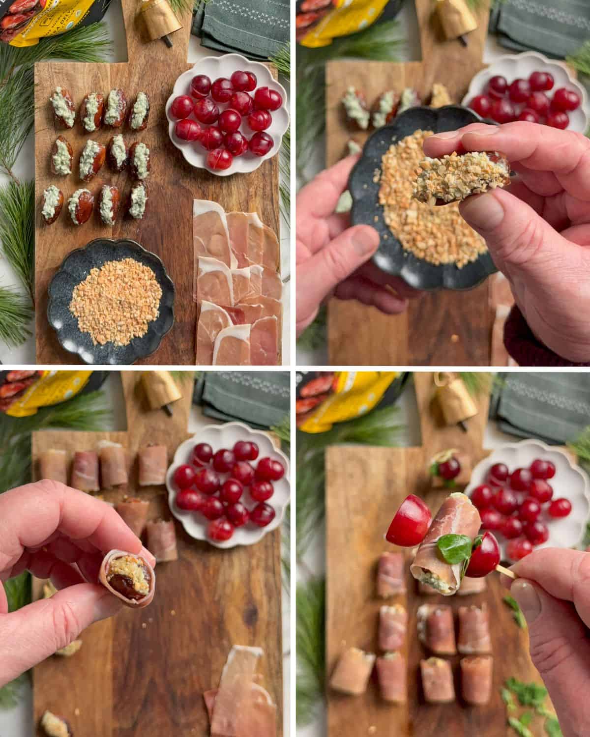 Steps on how to assemble these easy appetizers with dates, blue cheese and prosciutto.
