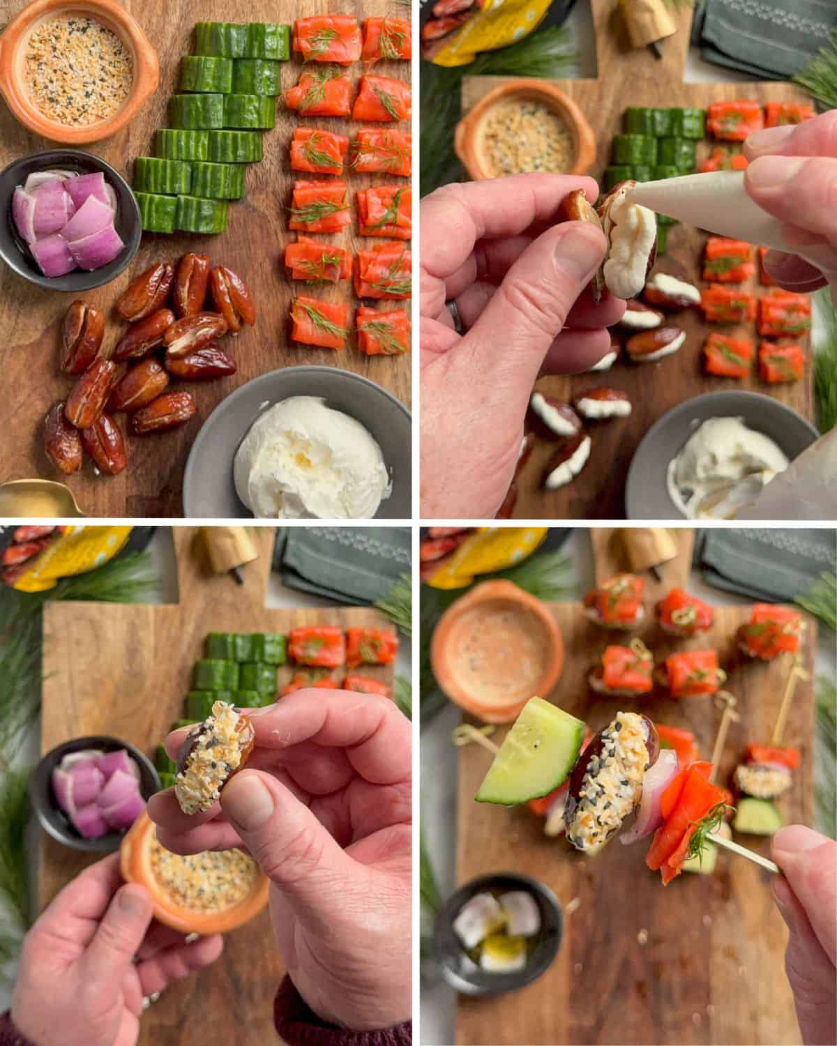Steps on how to assemble these easy appetizers with dates and cream cheese.