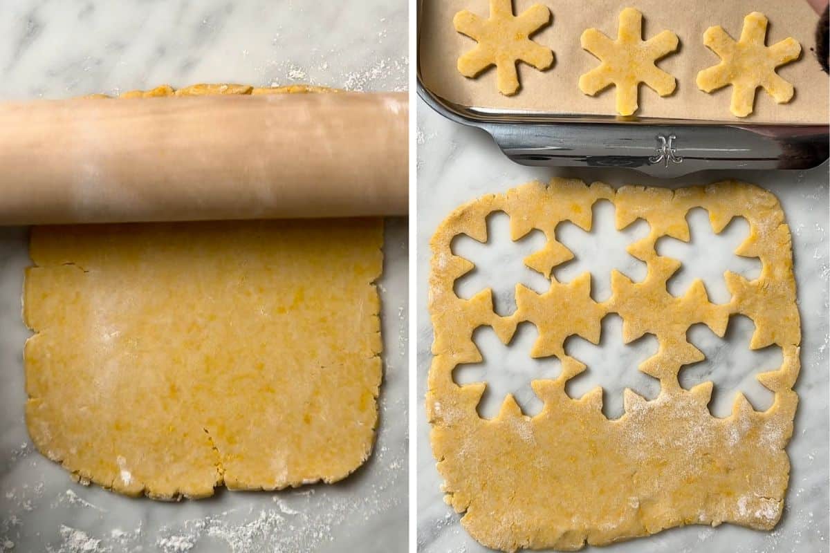 Roll the dough and cut out the snowflake sugar cookies.