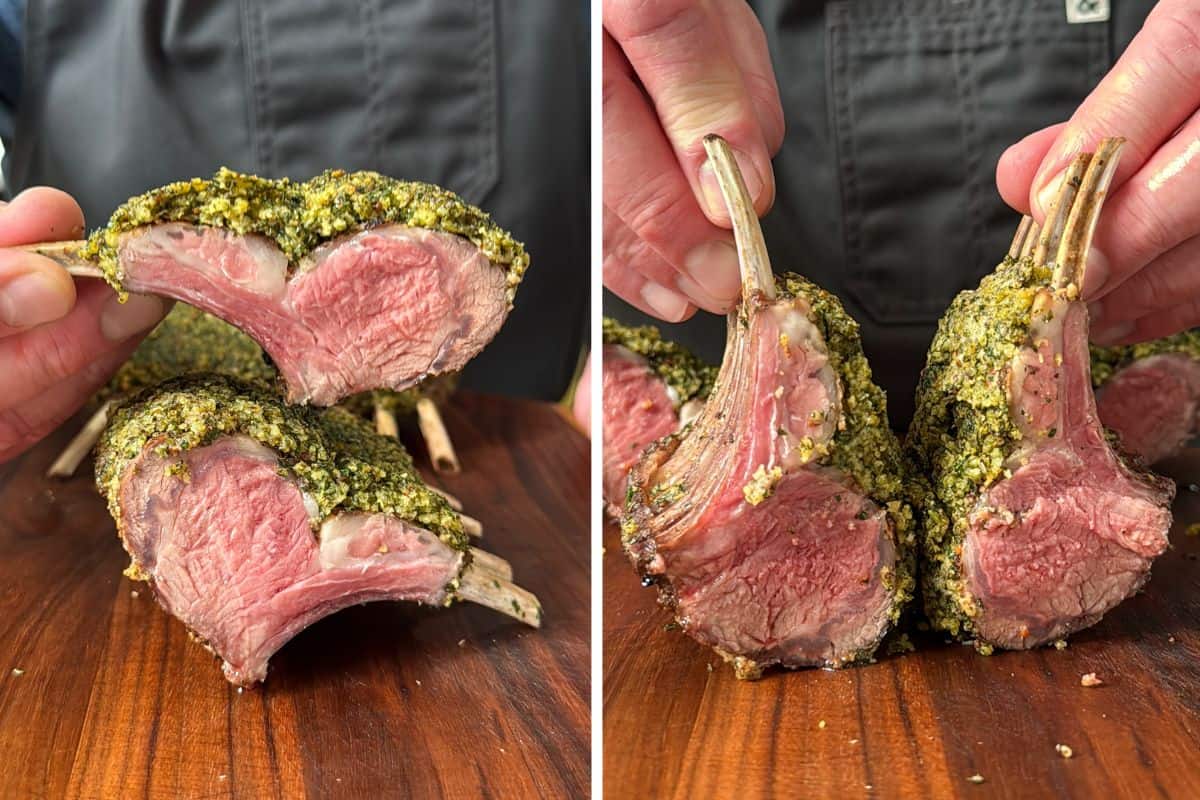 Lamb racks sliced in half revealing a medium-rare interior cook.
