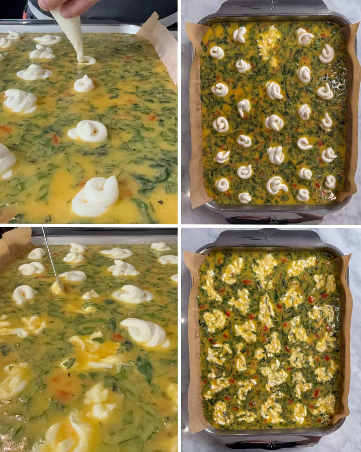 Apply dollops of the ricotta to the sheet pan eggs.
