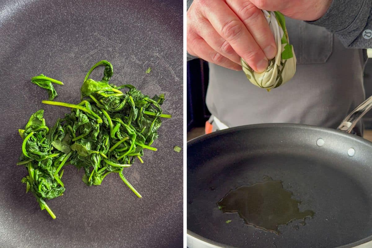 Sauté the spinach, then squeeze out any liquid.