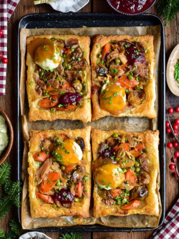 Four Upside Down Puff Pastry Tarts with Turkey Leftovers.