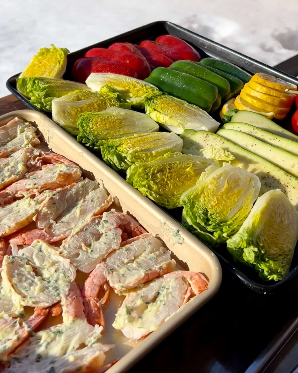 Butterflied shrimp and veggies prepped for the grill.