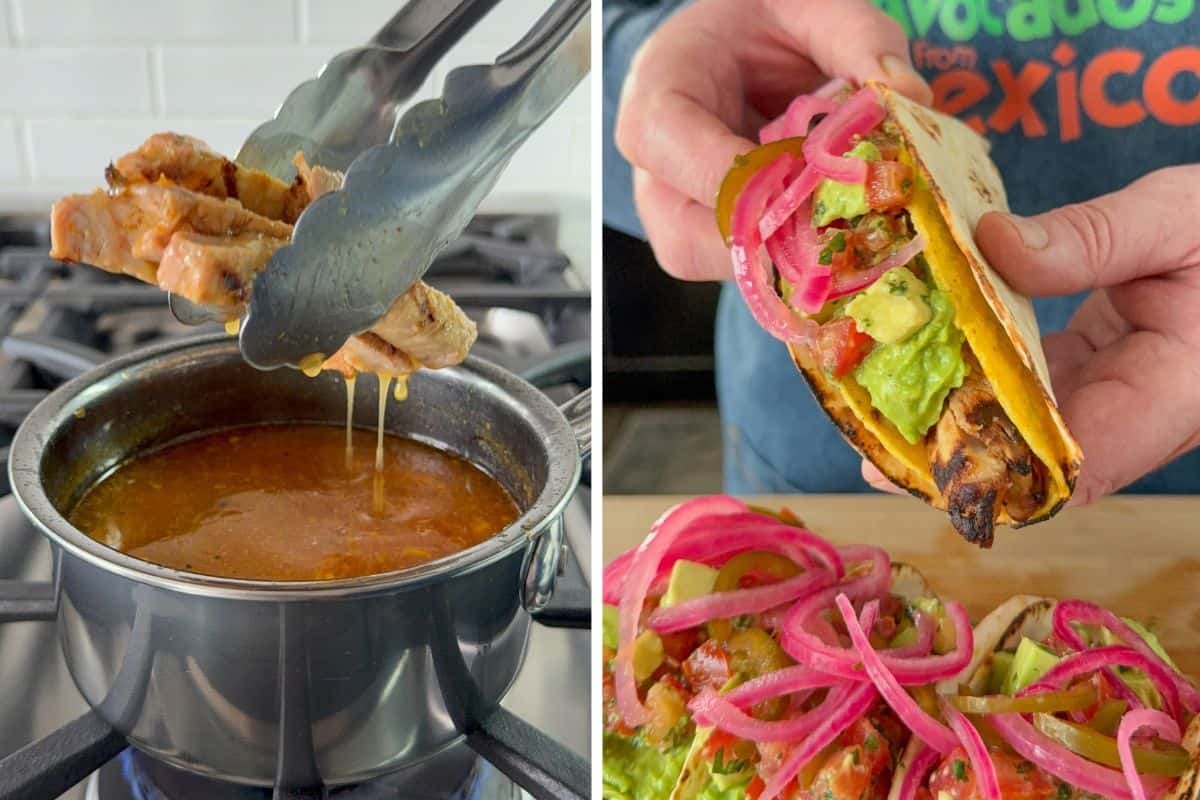 Fill the tacos with the warm citrus pork, then top with guacamole, salsa, and pickled onions.