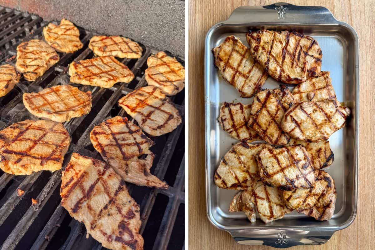 Grilled chicken with grill marks on the grill and on a tray.