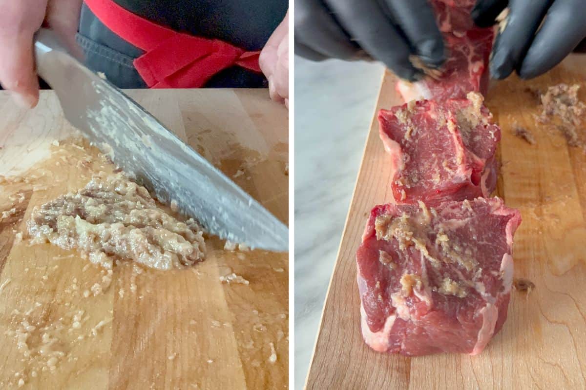 Rub the garlic anchovy sauce over the lamb loin chops.