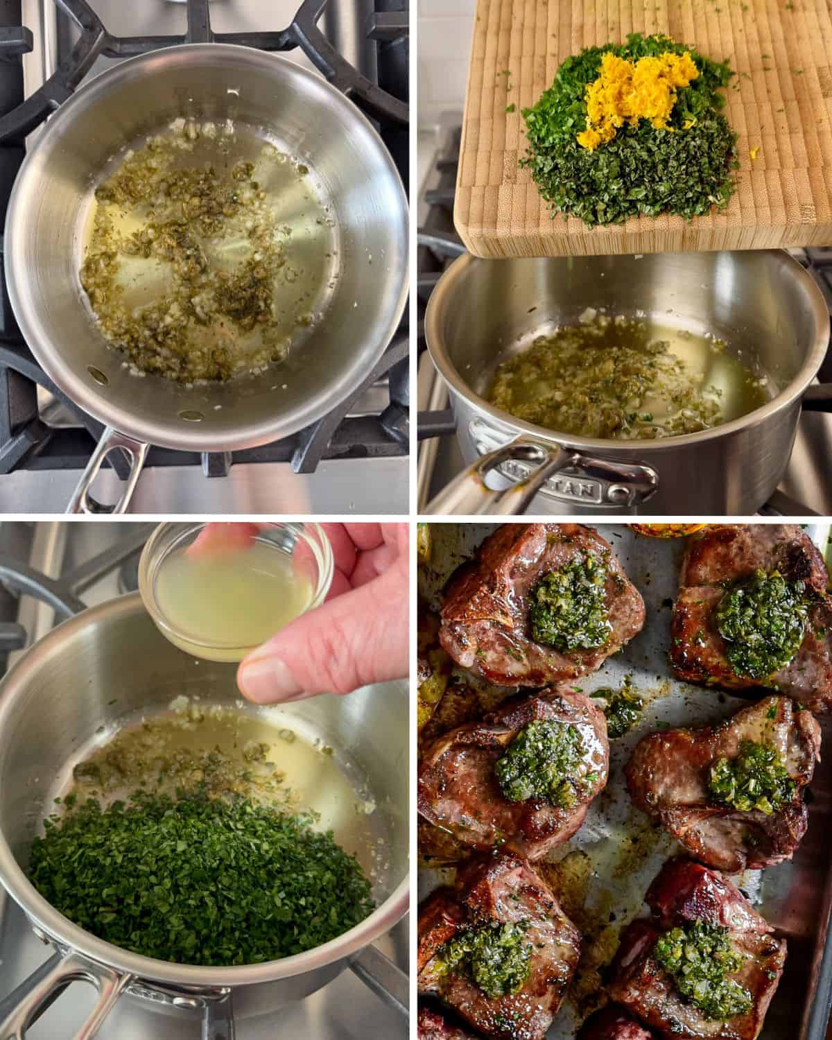 Build the warm salsa verde and spoon it over the lamb chops.
