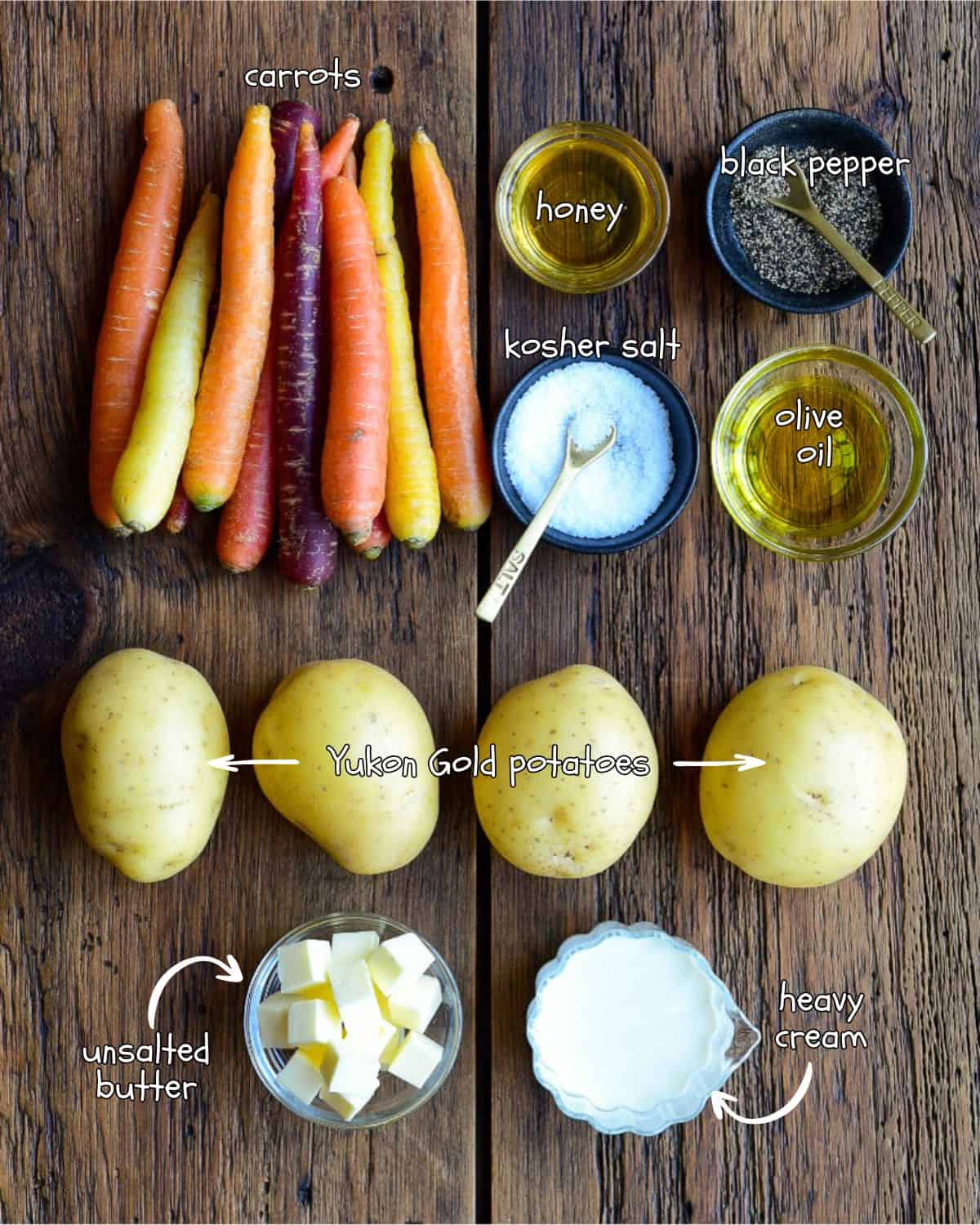 Ingredients for honey-roasted carrots and a potato puree recipe.