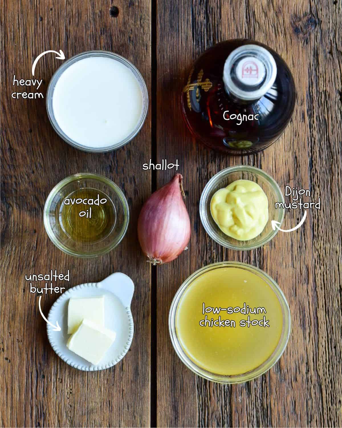 Ingredients for a Dijon Cognac sauce recipe.