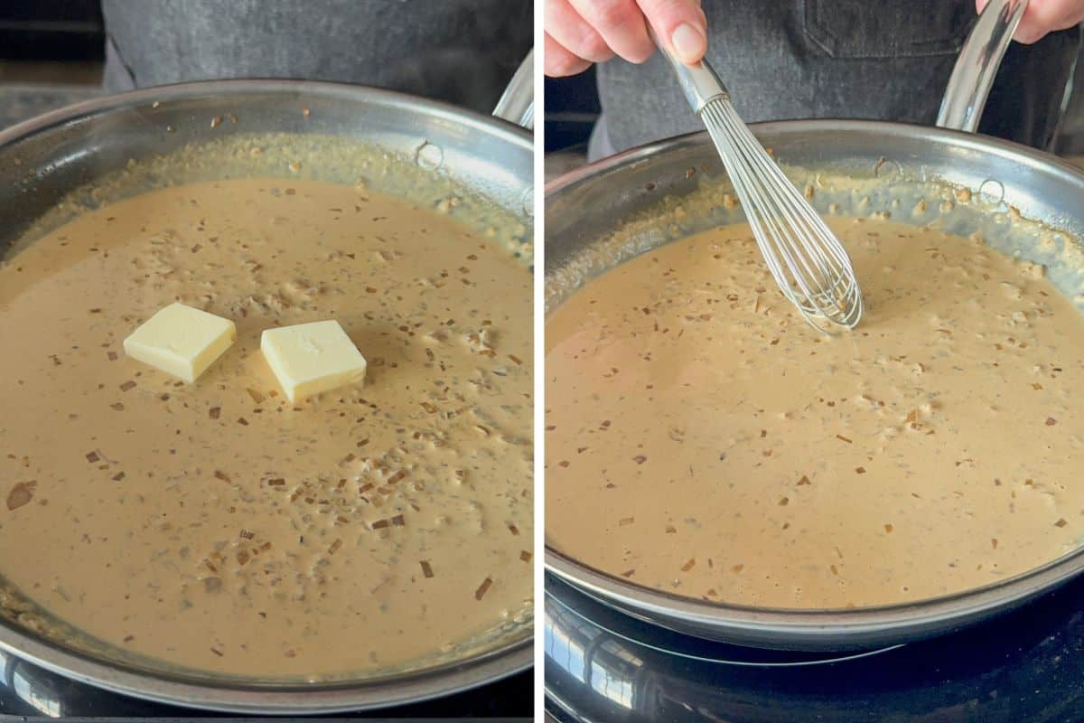 Finish the Dijon cream sauce by whisking in the cold butter for a glossy finish.
