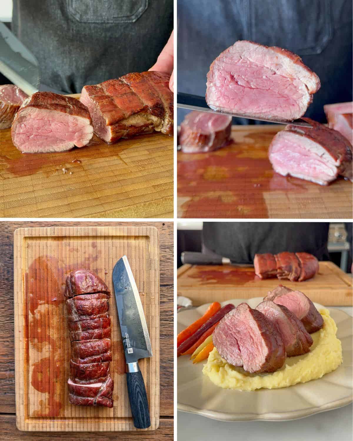 Slice and place the veal tenderloin medallions over the mashed puree.
