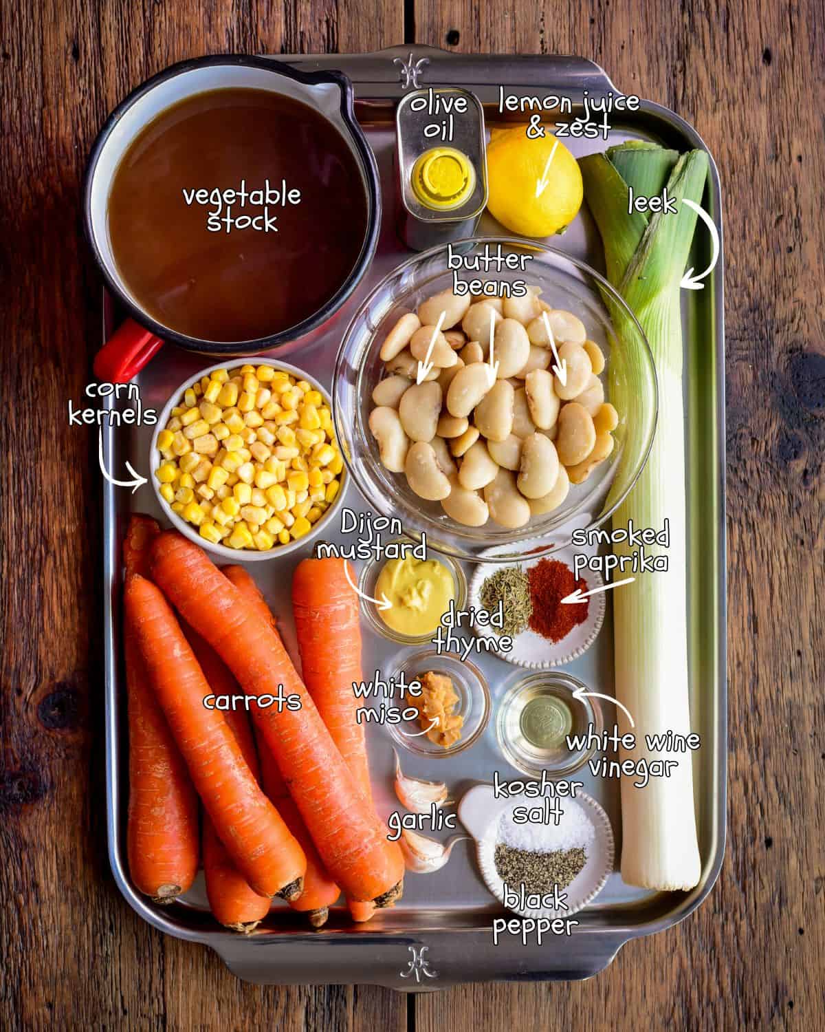 Ingredients for a carrot chowder recipe.