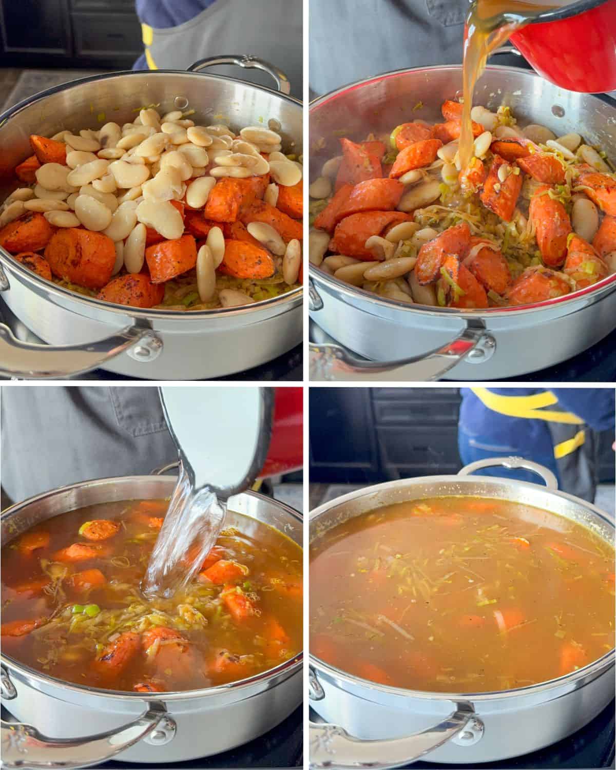 Add the roasted carrots, butter beans, stock and water to the chowder base, then simmer.