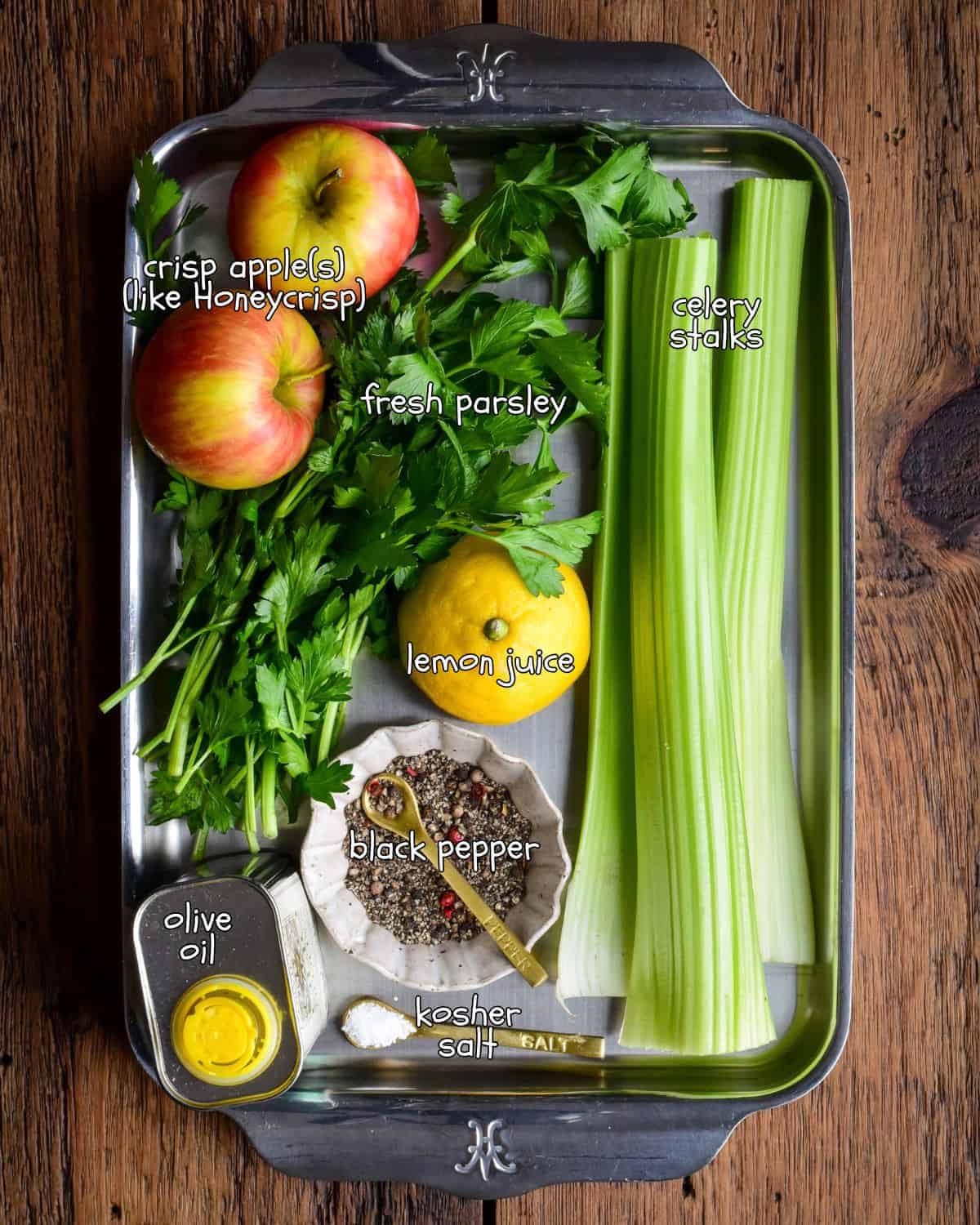 Ingredients for a crisp celery apple salad with lemon-parsley vinaigrette recipe.