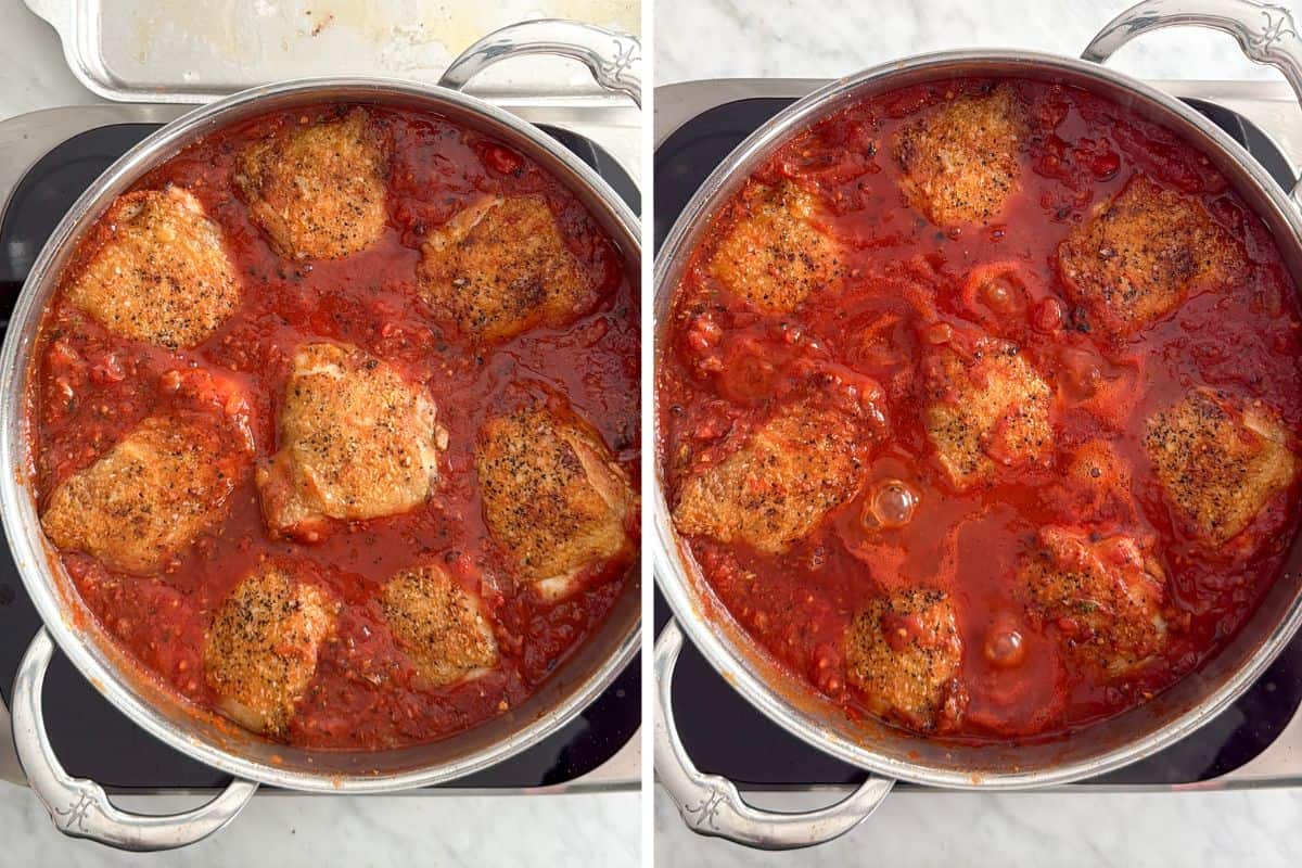 Nestle the chicken thighs, skin side up, into the sauce.