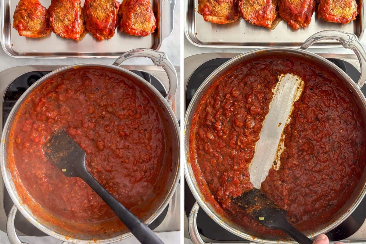Remove the chicken thighs and reduce the tomato sauce.
