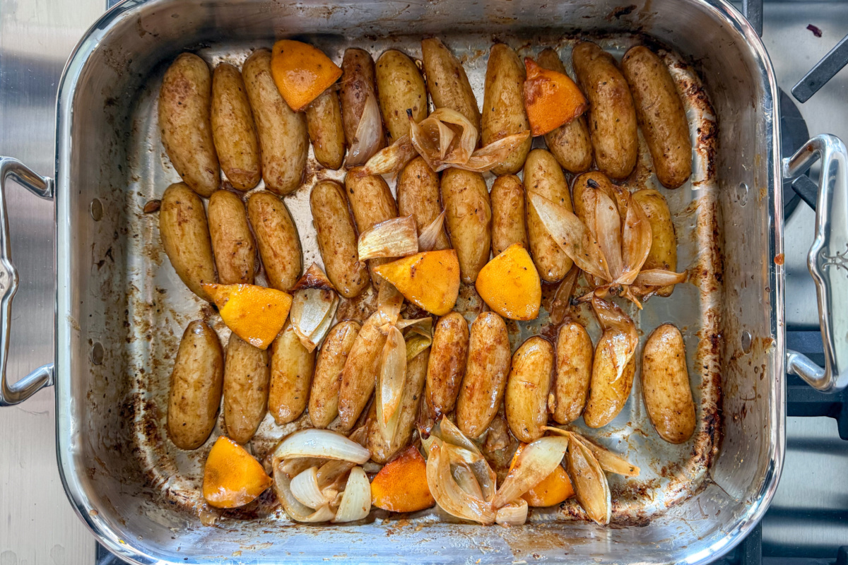 When the fingerling potatoes turn brown, remove them from the oven.