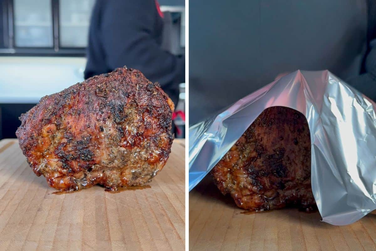 Place the slow-roasted pork butt on a cutting board and loosely tent with foil.