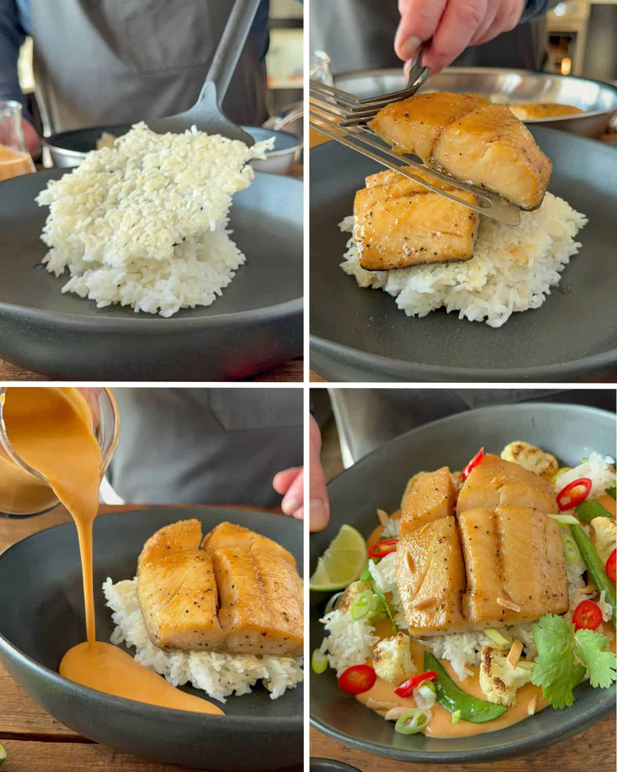 Assemble the Baked Black Cod with Thai Peanut Curry Sauce & Crispy Rice bowls.