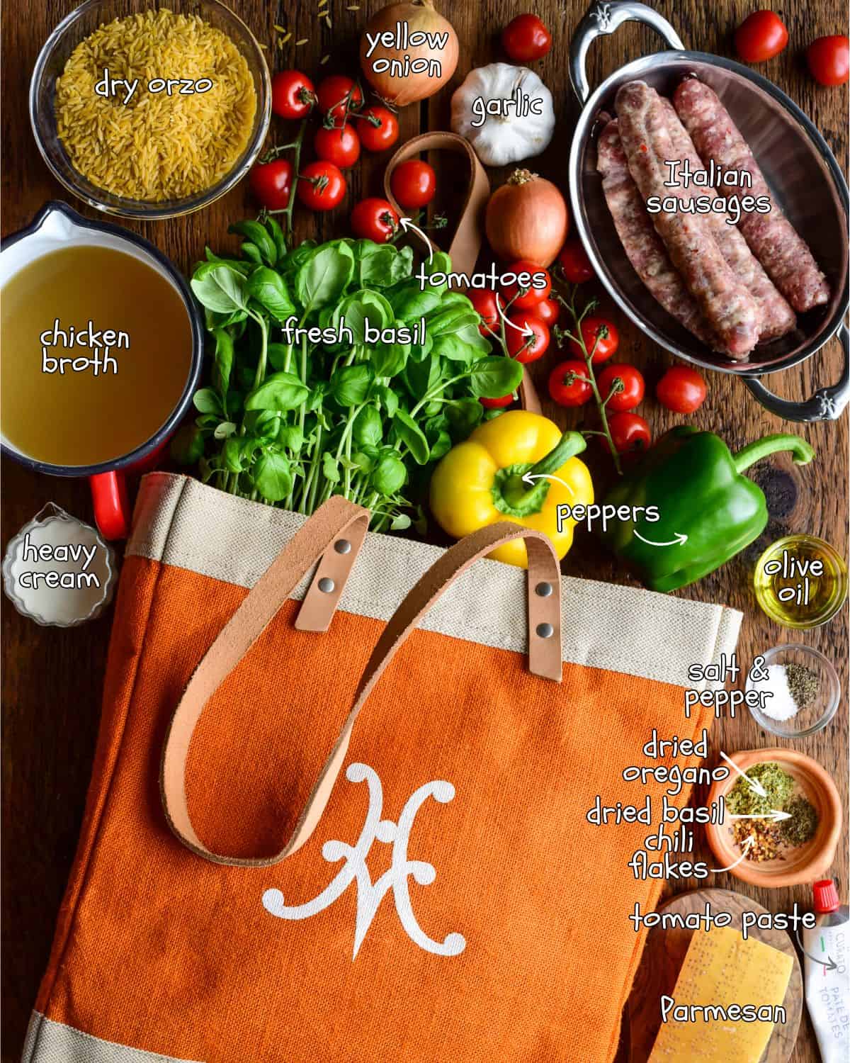 Ingredients for an orzo and sausage recipe.