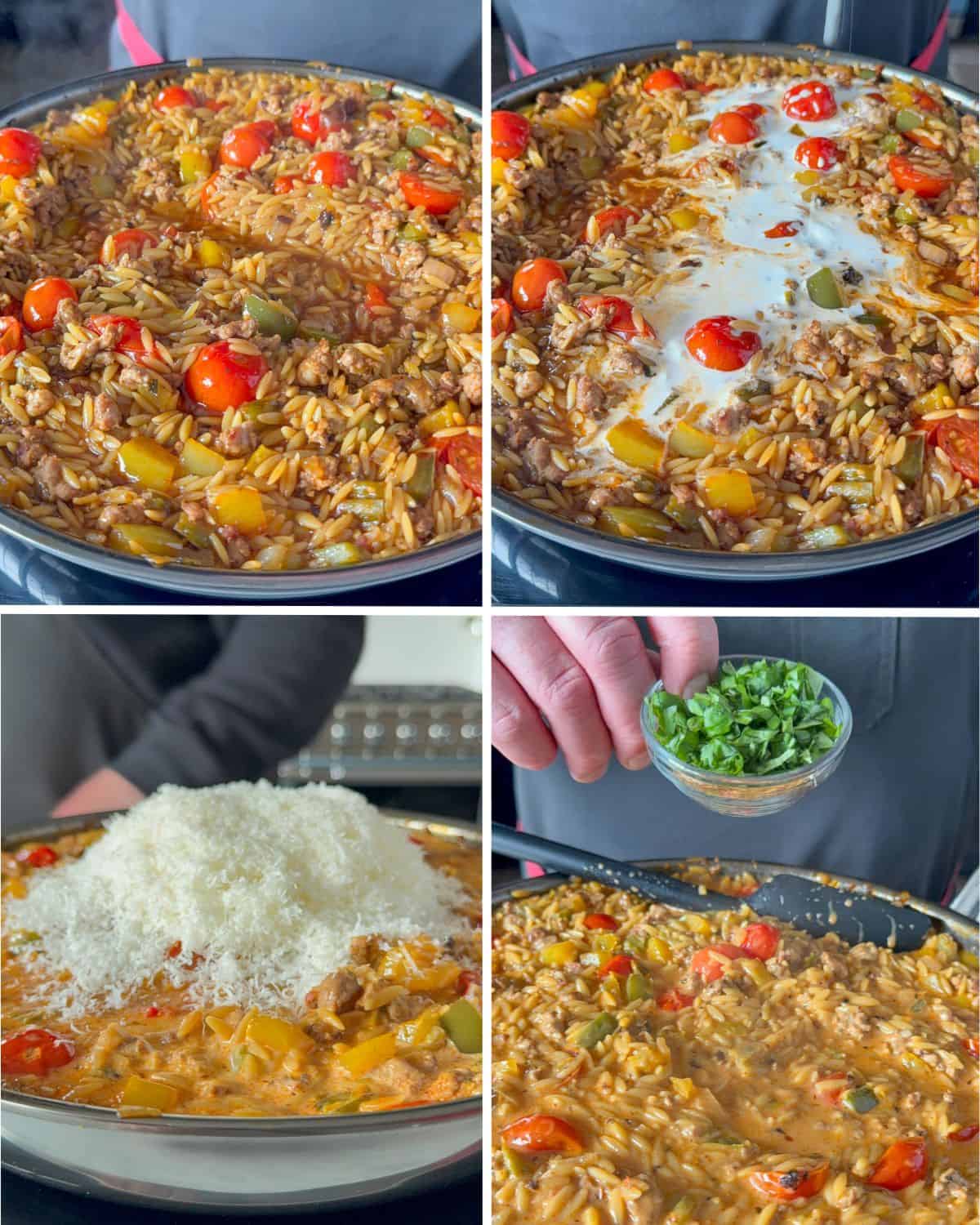 Stir in the cream, Parmesan and herbs into the skillet dinner.