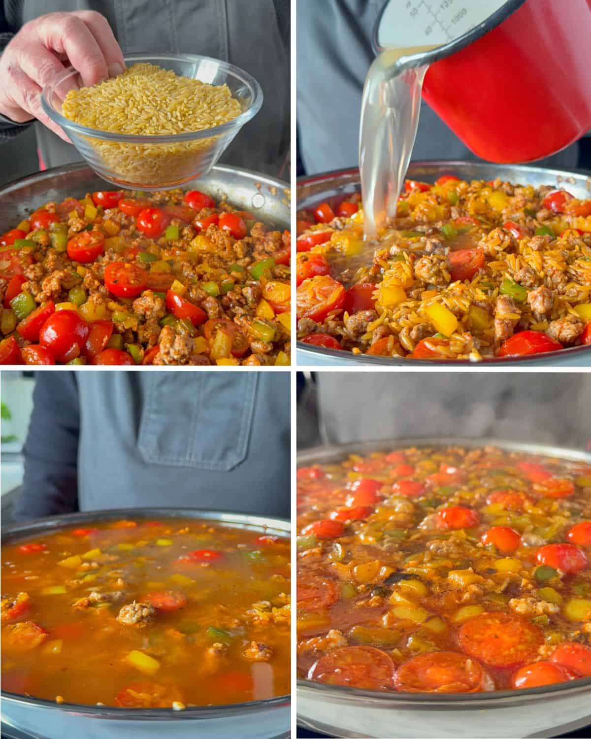 Add the orzo and the broth, cover and bring to a simmer.