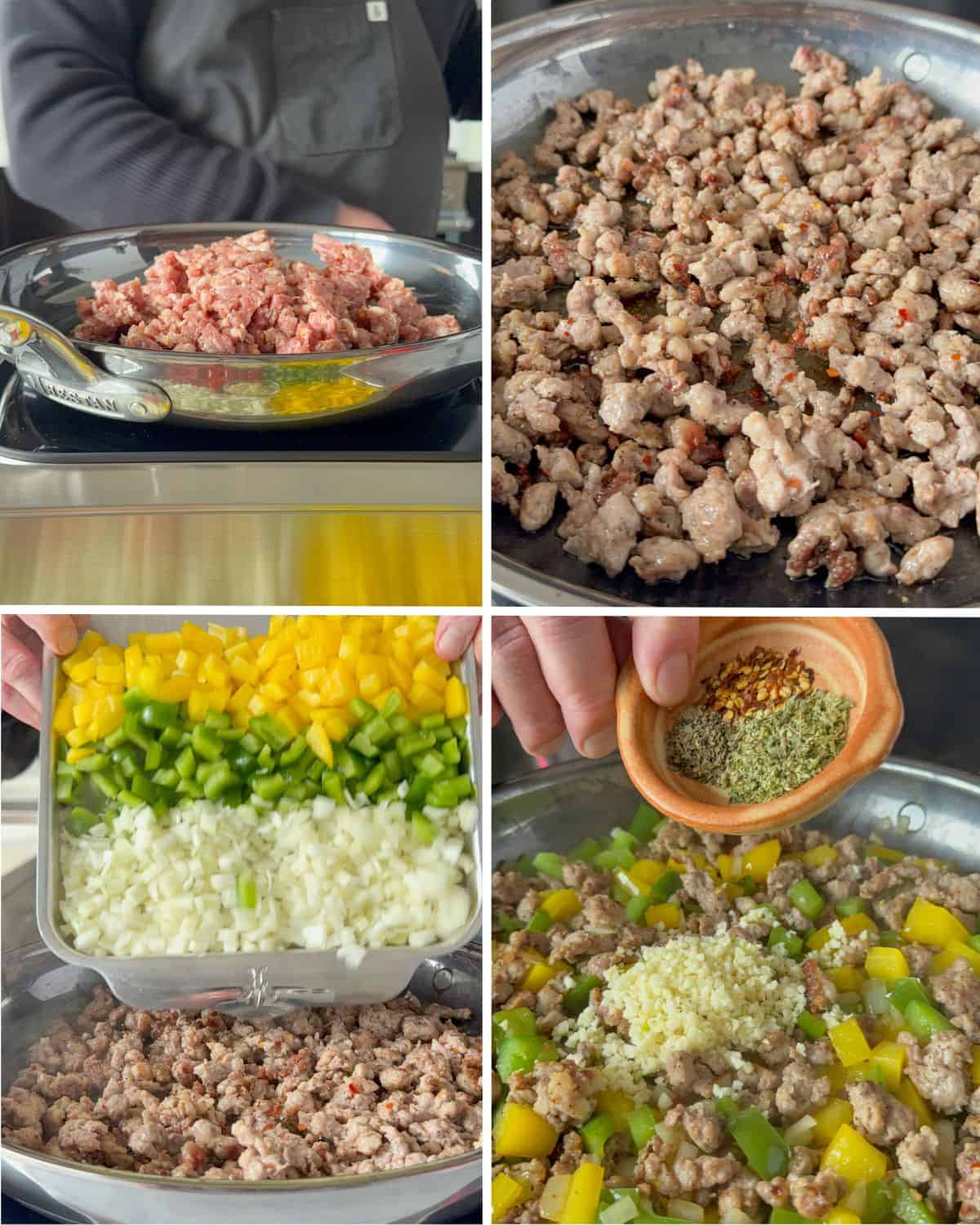 Build the orzo skillet by browning the sausage, then add the peppers and onions. Stir in the garlic and spices.