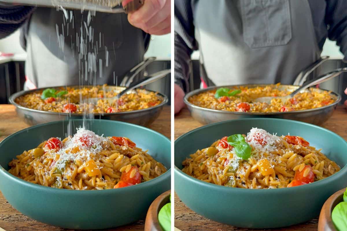 Serve the sausage orzo with extra Parmesan, basil and pepper.