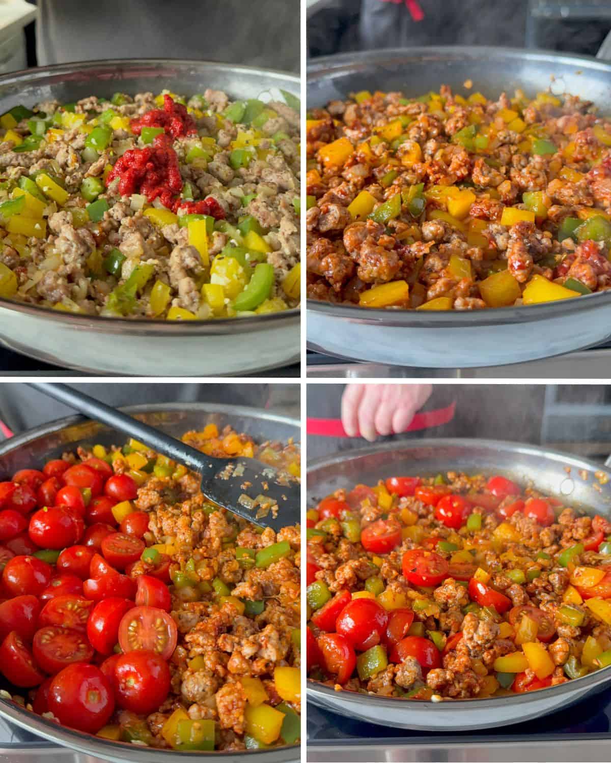 Add the tomato paste and the tomatoes to the skillet.