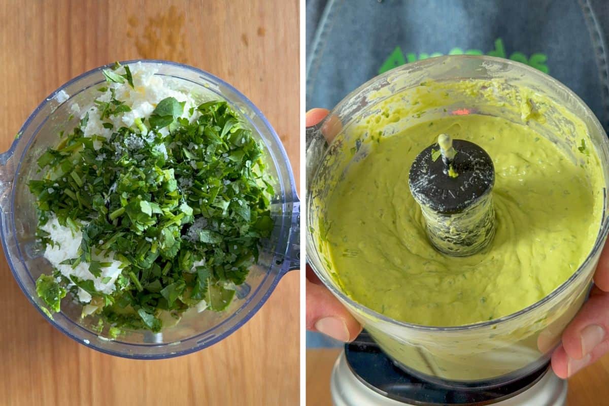 In a blender or small food processor, combine the ingredients for the avocado cilantro lime crema and blend until smooth.