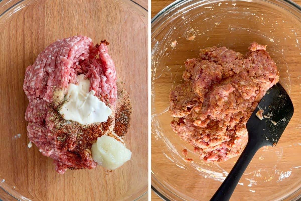 Gently combine the ground pork, salt, chili powder, smoked paprika, cumin, garlic powder, onion powder, oregano, black pepper, grated onion, and mayonnaise.